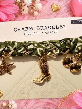 Gold Charm Bracelet with Green Fabric Braid - Includes 3 Charms